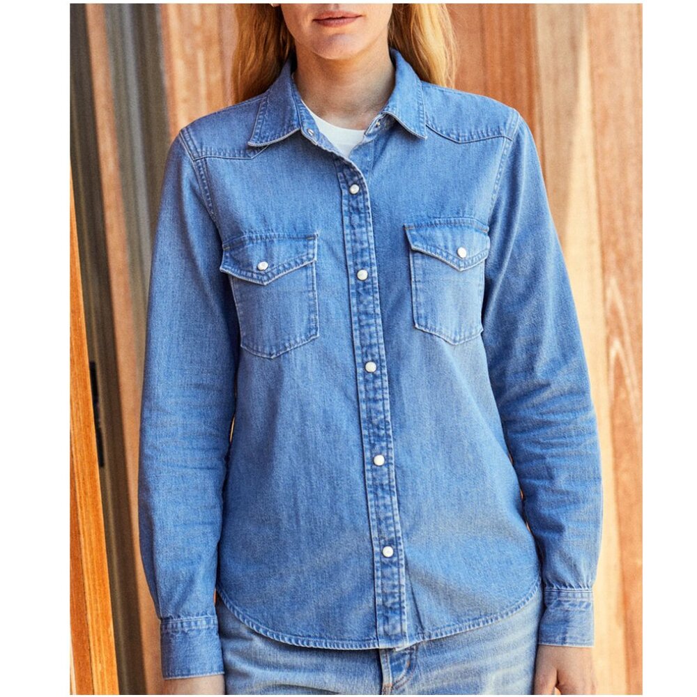 Outerknown Wyatt Western Denim Shirt, Vintage Wash Blue, Size Medium